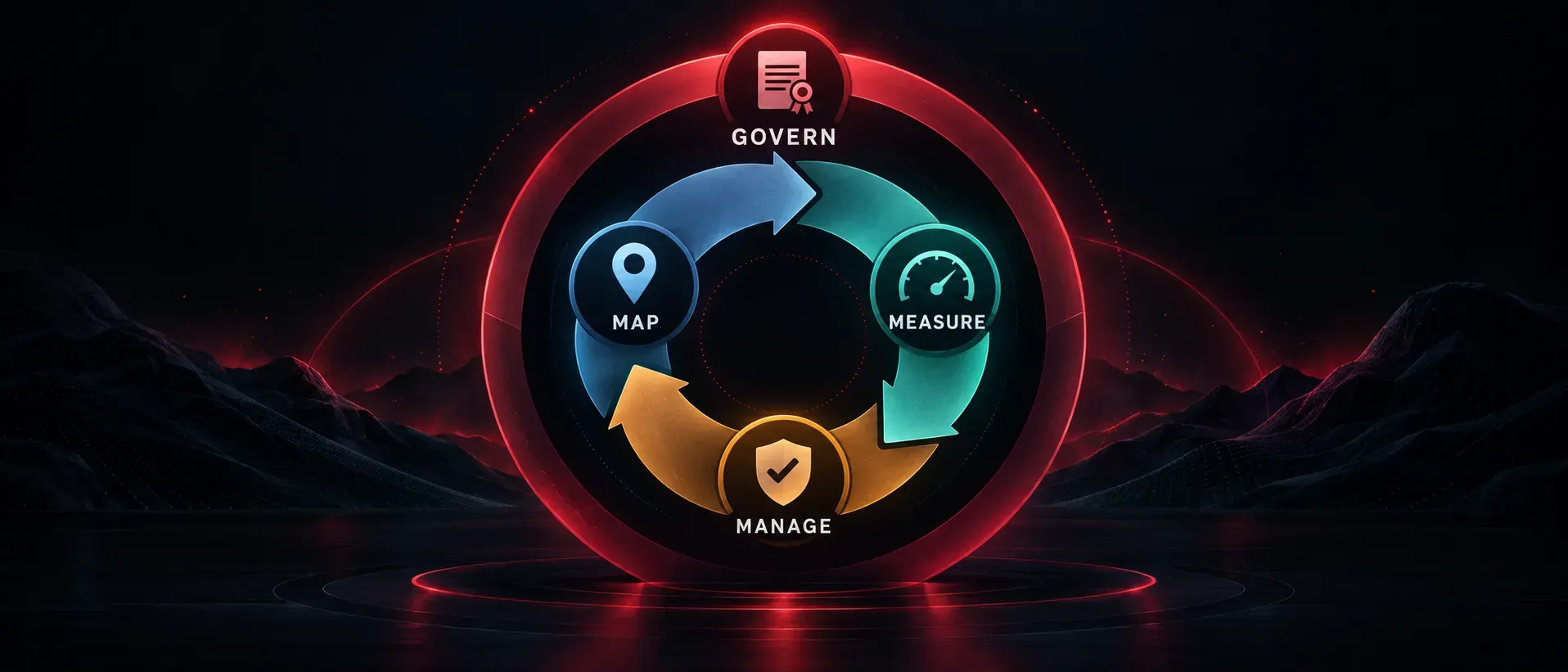 Diagram of the NIST AI RMF showing Govern surrounding the continuous Map, Measure, and Manage risk management loop.