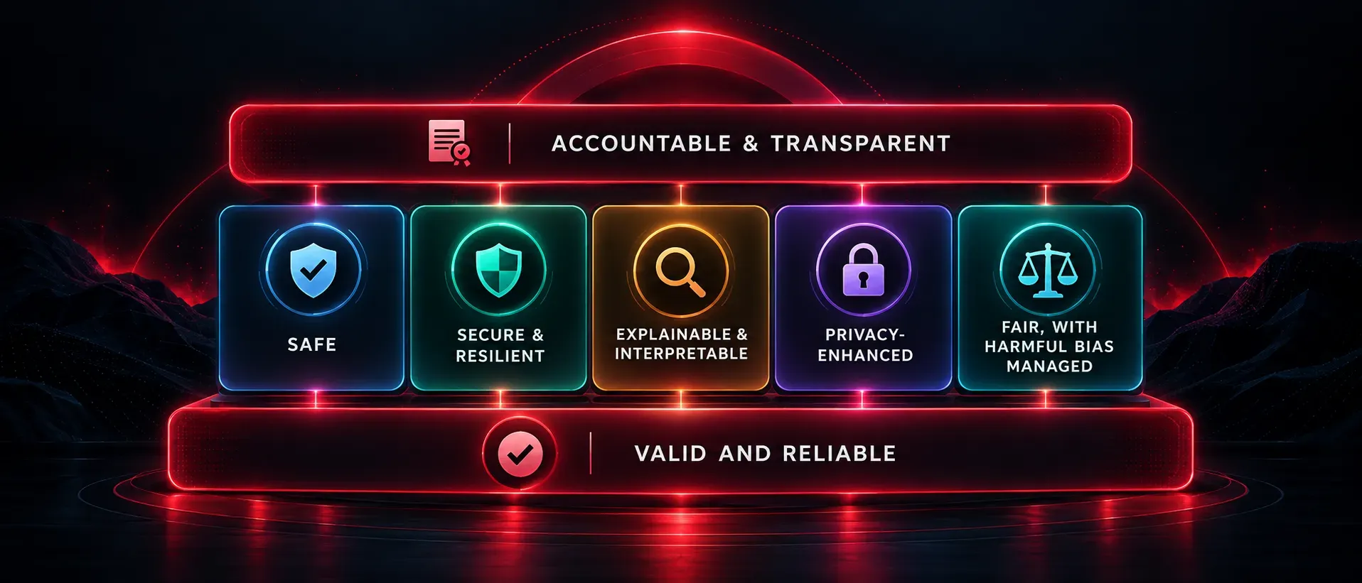 Diagram of NIST's seven characteristics of trustworthy AI, with Valid and Reliable as the foundation and Accountable and Transparent spanning the other characteristics.